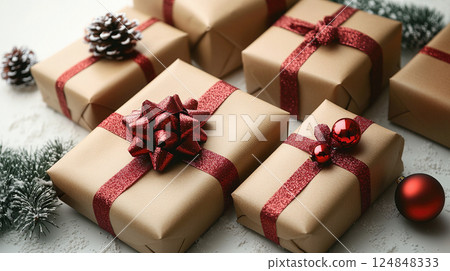 Merry Christmas, Happy New Year, gift boxes red ribbon bow, background. Flat lay, copy space, banner 124848333