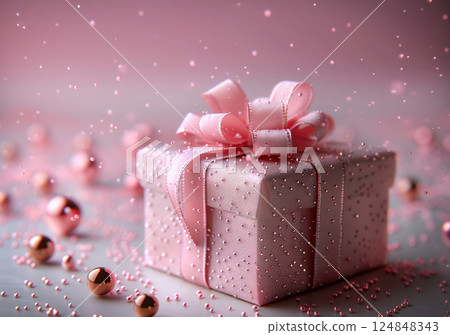 Close up craft pink gift boxes pink ribbon bow, copy space, banner, Merry Christmas, New Year, birthday, Mother's Day, Valentine's Day 124848343