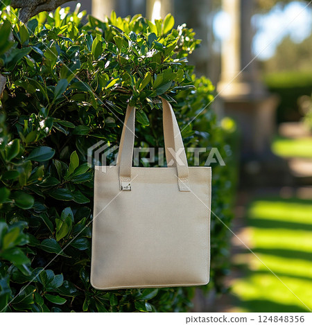Beige canvas tote bag long handles hanging against lush, green foliage background, eco friendly 124848356