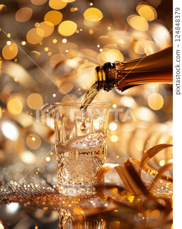 Luxury celebration exploding champagne bottle, glass splashing bubbles festive birthday, New Year 124848379
