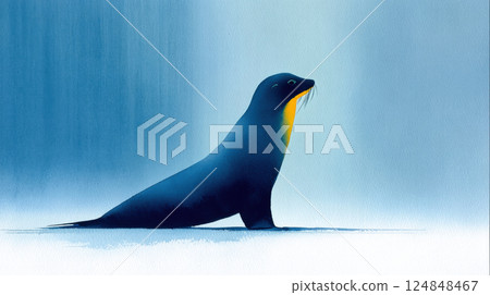 Vibrant illustration of sea lion standing on snowy surface, with serene blue background and warm yellow accent on its neck 124848467