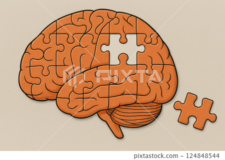Brain shaped puzzle with missing piece symbolizes problem solving and mental health awareness 124848544
