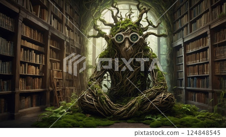 Enchanted Tree Creature Meditating in a Magical Library of Knowledge 124848545