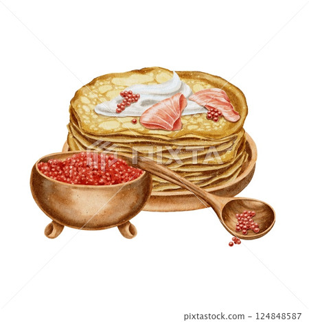 Pancakes with sour cream, salmon fish and caviar in wooden deep bowl and spoon. Holiday Maslenitsa. Watercolor illustration for packaging, kitchen textiles, napkins, labels, packaging. 124848587