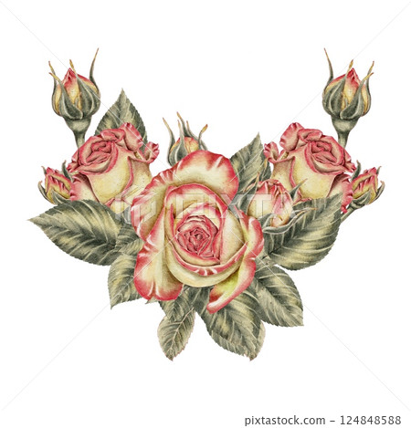 Flowers, yellow and pink roses and green leaves composition card. Watercolor illustration for cards, invitations, holidays Spring, birthday, Valentine's Day, wedding or Mother's Day. 124848588