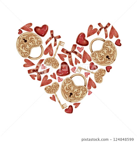 Red and pink hearts red bow and gold lock with key composition on white. Watercolor illustration for cards, invitations, holidays Spring, birthday, Valentine's Day, wedding or Mother's Day. 124848599
