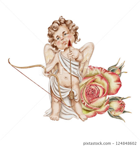 Cupid, angel stands, bow and arrow in his hands and flower rose behind him vintage love composition on white. For Wedding Cards, Valentine's Day, Birthday, Holidays, Invitations. Cupid, angel stands, bow and arrow in his hands and flower rose behind him vintage love composition on white. For Wedding Cards, Valentine's Day, Birthday, Holidays, Invitations. 124848602