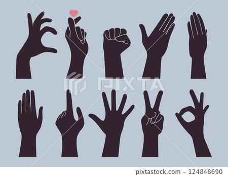 Hand gestures silhouettes. Okay sign, thumb up, pointing finger, making heart, holding hand, fist, open palm, straight hand. Vector illustration 124848690