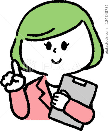 一位身穿西裝的女士拿著文件並指著 一位身穿西裝的女士拿著文件並指著 124848785