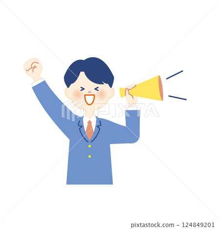 Male student in blazer, megaphone and fist pump, upper body Male student in blazer, megaphone and fist pump, upper body 124849201