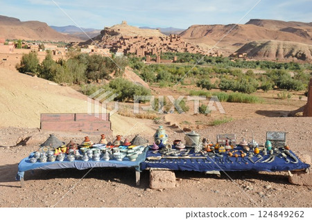Morocco, Kasbah Road, fortified village, Ait Ben Haddou, Ksar, tourist souvenirs, street stalls Morocco, Kasbah Road, fortified village, Ait Ben Haddou, Ksar, tourist souvenirs, street stalls 124849262