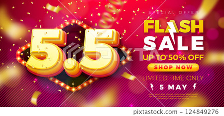 5 May Shopping Day Flash Sale Design with 3d 5.5 Number, Light Bulb Billboard and Falling Confetti on Red Background. Vector Special Offer 50 Percent Off Campaign Discount Illustration for Coupon 5 May Shopping Day Flash Sale Design with 3d 5.5 Number, Light Bulb Billboard and Falling Confetti on Red Background. Vector Special Offer 50 Percent Off Campaign Discount Illustration for Coupon 124849276