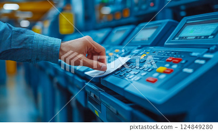 A person pressing buttons on a high-tech office copier in a modern workspace, highlighting business automation 124849280