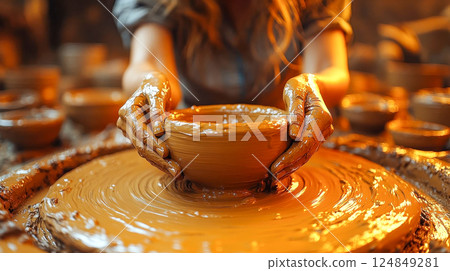 Hands sculpting wet clay on a potter wheel, covered in earthy brown ceramic material, focusing on texture and artistry 124849281