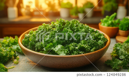 A bowl filled with fresh green kale on a kitchen countertop, illuminated by natural sunlight 124849286