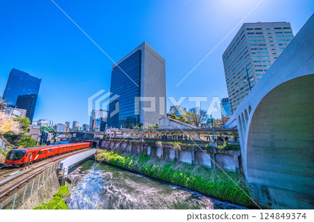 日本東京城市景觀的罕見景觀。丸之內線2000系、御茶之水站、聖橋。花筏遍布水面 124849374
