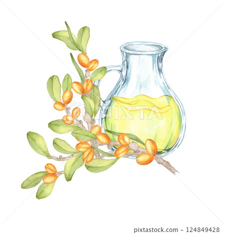 Watercolor illustration of a transparent oil jar with vivid yellow argan oil, surrounded by detailed branches with green leaves and orange fruits. Great for natural-themed packaging designs. 124849428