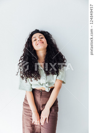 Woman Brunette in Home Clothes Portrait on White Background Woman Brunette in Home Clothes Portrait on White Background 124849457