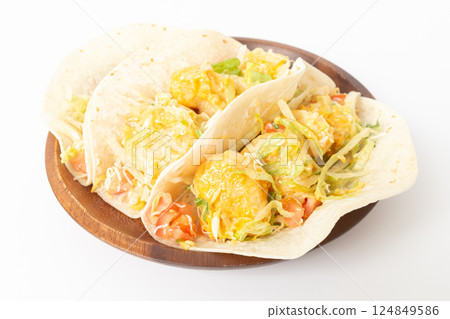 Shrimp Tacos on a White Background Shrimp Tacos on a White Background 124849586