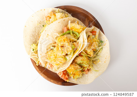 Shrimp Tacos on a White Background Shrimp Tacos on a White Background 124849587