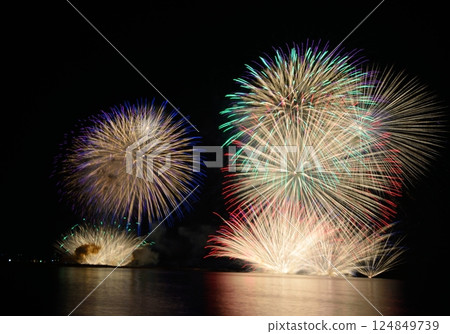 A series of colorful fireworks bursting into the midnight sky 124849739