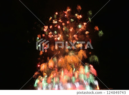 A series of colorful fireworks bursting into the midnight sky 124849743
