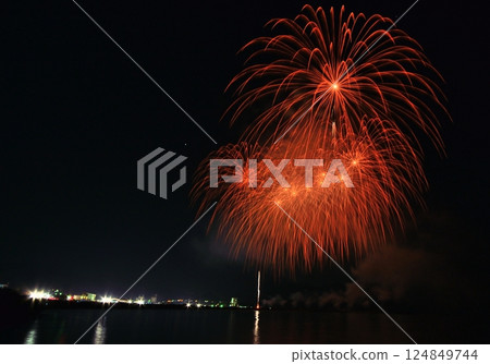 A series of colorful fireworks bursting into the midnight sky 124849744