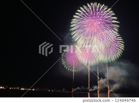 A series of colorful fireworks bursting into the midnight sky 124849746