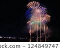 A series of colorful fireworks bursting into the midnight sky 124849747