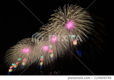 A series of colorful fireworks bursting into the midnight sky 124849749