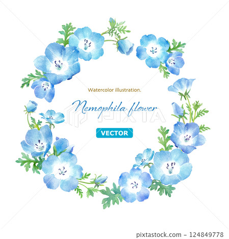 A circular decorative frame composed of watercolor illustrations of nemophila. (Vector) A circular decorative frame composed of watercolor illustrations of nemophila. (Vector) 124849778