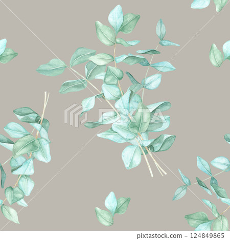 Soft green eucalyptus foliage painted in delicate watercolor strokes. This seamless pattern clipart is well-suited for wedding decor, scrapbook paper, and botanical-themed event designs 124849865