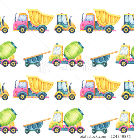 Yellow dump trucks, green cement mixers, tractors, and blue wheelbarrow clipart. Seamless pattern watercolor illustration is great for kids fabrics, wrapping paper, and nursery decor 124849875