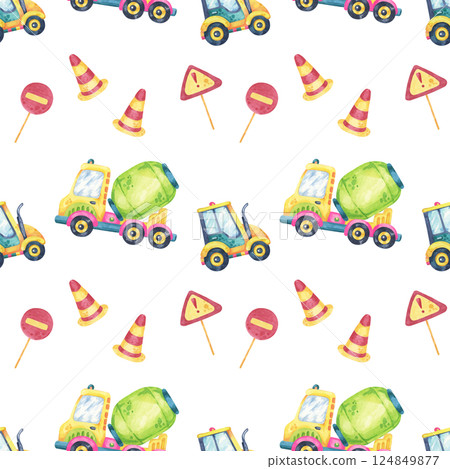 Watercolor cranes, cement mixers, and traffic cones in a seamless pattern clipart. Great for wallpaper, stationery, childrens apparel, and themed room decorations Watercolor cranes, cement mixers, and traffic cones in a seamless pattern clipart. Great for wallpaper, stationery, childrens apparel, and themed room decorations 124849877