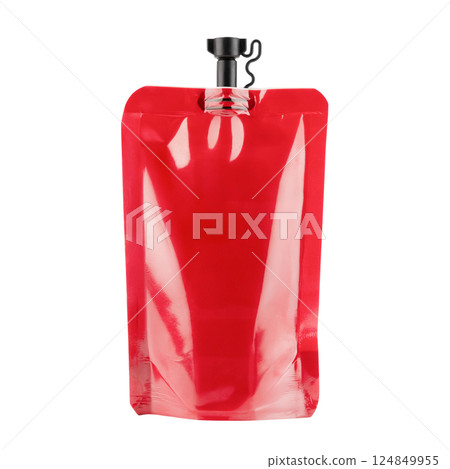Red soft packaging with black cap Shower gel isolated on white background Red soft packaging with black cap Shower gel isolated on white background 124849955