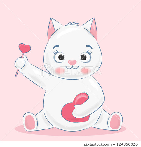 White cute cat holding candy and heart 124850026