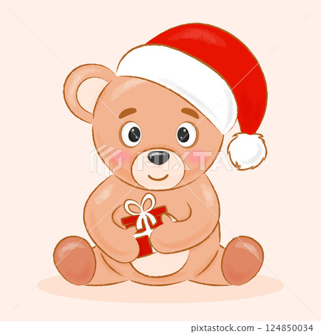 Cute Bear in Santa Claus Hat and With Gift Cute Bear in Santa Claus Hat and With Gift 124850034