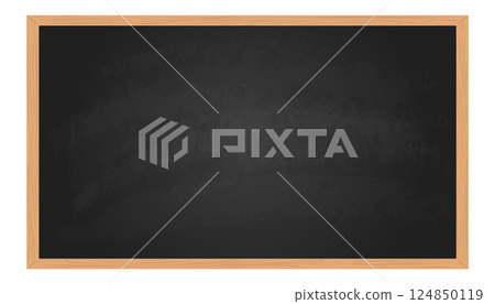 Realistic black chalkboard with wooden frame isolated on white background. Blank school chalkboard for class or restaurant menu 124850119