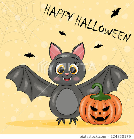 Halloween card with bat and pumpkin on yellow background 124850179
