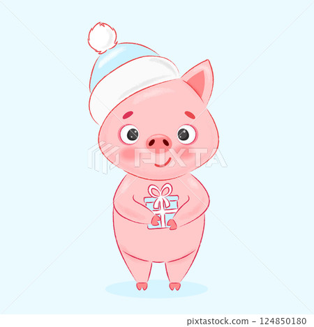 Cute pig in a hat and with a gift 124850180
