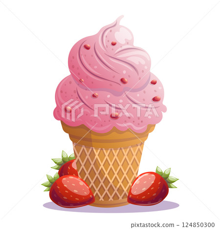 strawberry ice cream in a waffle cup, vector 124850300