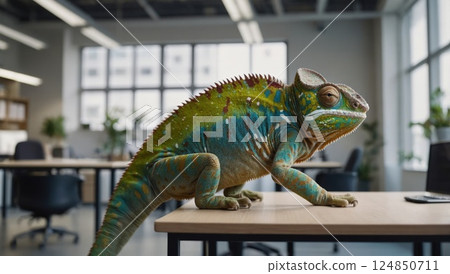 Chameleon Posing on an Office Desk in a Bright Workspace Chameleon Posing on an Office Desk in a Bright Workspace 124850711