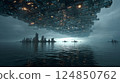 Cyberpunk-style sci-fi illustration of a futuristic city on the sea where huge structures cover the sky 124850762