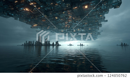 Cyberpunk-style sci-fi illustration of a futuristic city on the sea where huge structures cover the sky 124850762