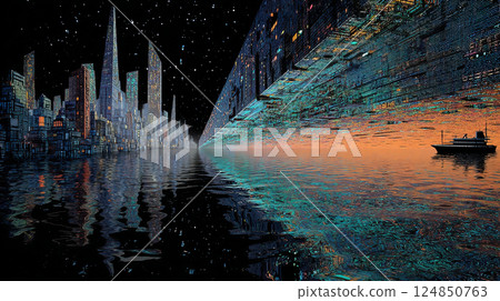 星空下的夢幻賽博龐克風格插畫素材，有巨大的建築和未來城市 124850763