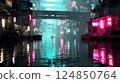 A fantastic cyberpunk-style illustration of a submerged neon city 124850764
