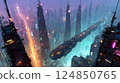 Cyberpunk illustration of a futuristic city wrapped in neon lights with a huge spaceship flying 124850765