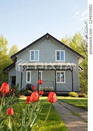 Contemporary two-story house of timber in countryside in spring. Cottagecore house have nice landscaping, with shrubs, green lawn and tulips. Russian dacha in Moscow region. Vertical format. Backyard Contemporary two-story house of timber in countryside in spring. Cottagecore house have nice landscaping, with shrubs, green lawn and tulips. Russian dacha in Moscow region. Vertical format. Backyard 124850802