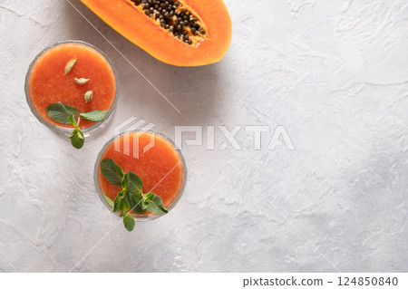 Asian popular freshness Papaya lassi , smoothie made of water, spices and ice. Traditional ayurvedic beverage in India and Sri Lanka. Close up. View from above. 124850840