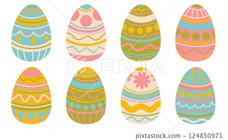 Happy Easter cute eggs in pastel colors. Set of Easter eggs with different ornaments on a white background. 124850971